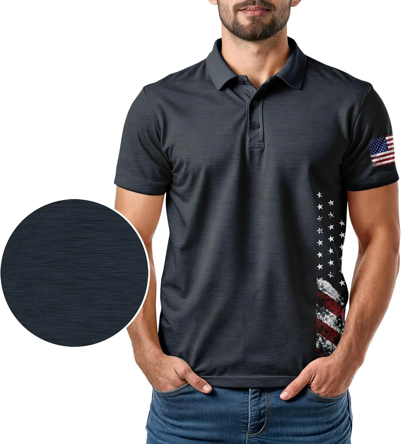 Patriotic USA Golf Polo Shirt  Mens Performance Short Sleeve Moisture Quick Dry Fit Athletic Veteran UPF Stretch Casual Fun