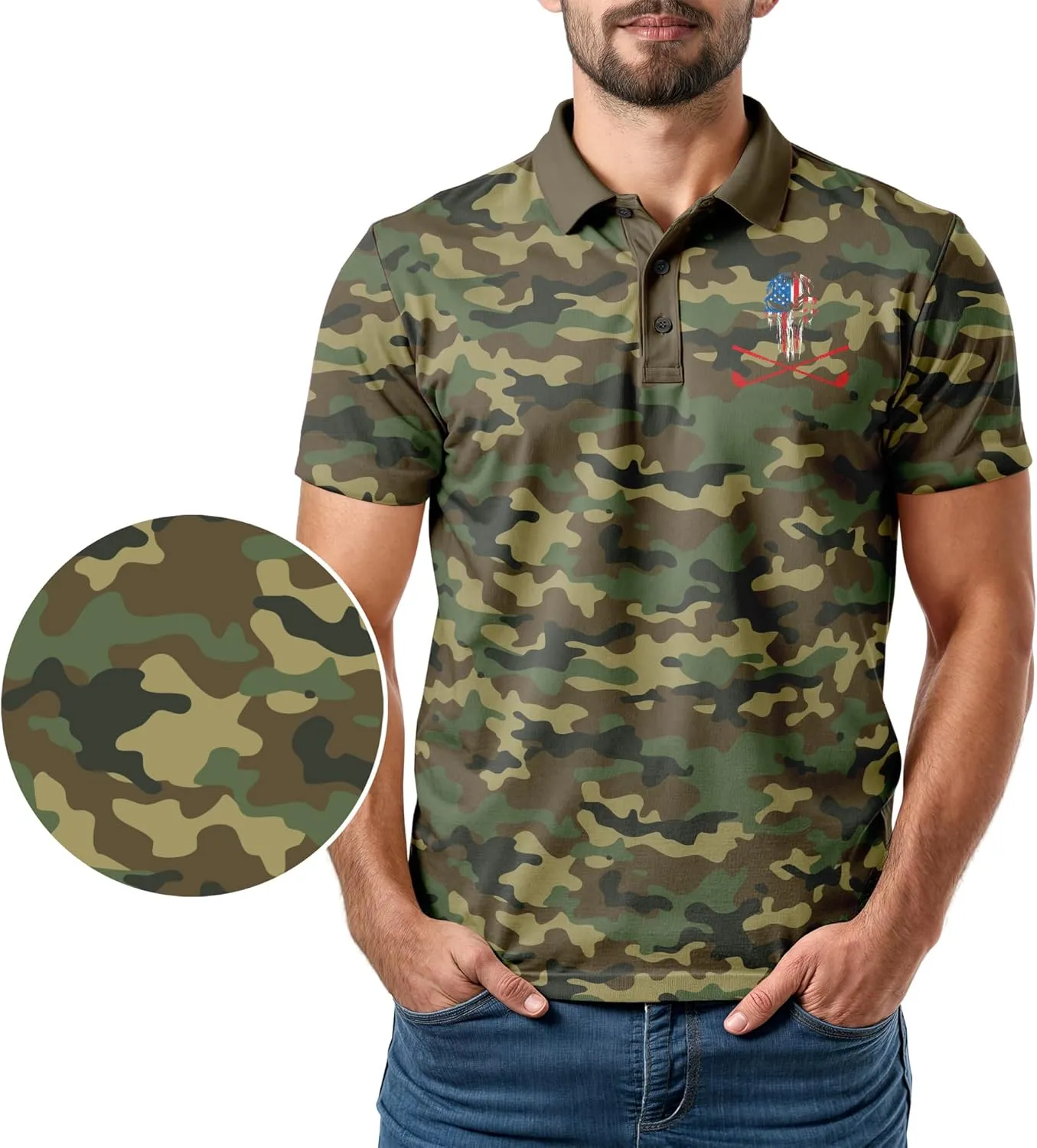 Patriotic USA Golf Polo Shirt  Mens Performance Short Sleeve Moisture Quick Dry Fit Athletic Veteran UPF Stretch Casual Fun