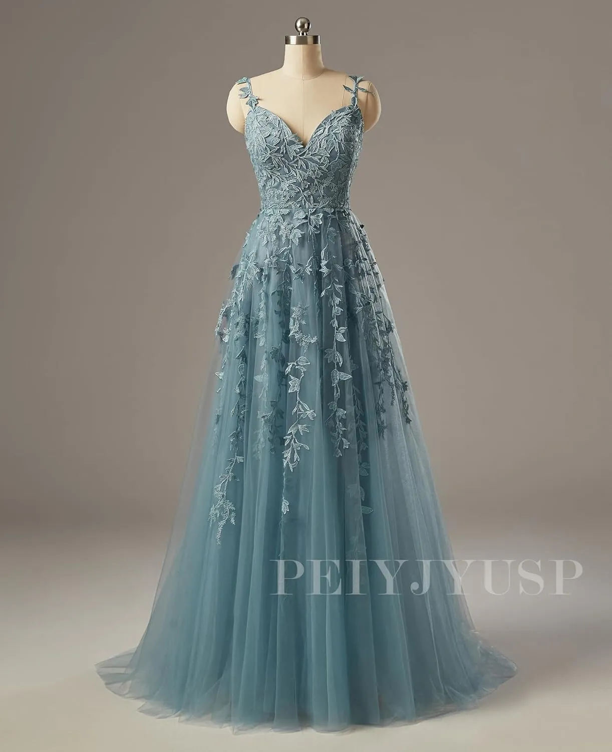 PEIYJYUSP Tulle Lace Appliques V Neck Prom Dresses A Line Wedding Bridesmaid Prom Dress for Teens Ball Gown