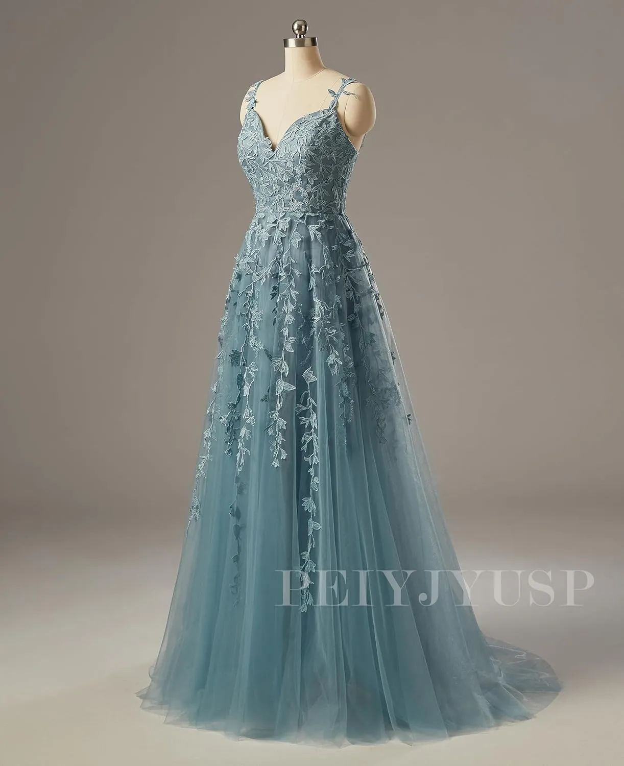 PEIYJYUSP Tulle Lace Appliques V Neck Prom Dresses A Line Wedding Bridesmaid Prom Dress for Teens Ball Gown
