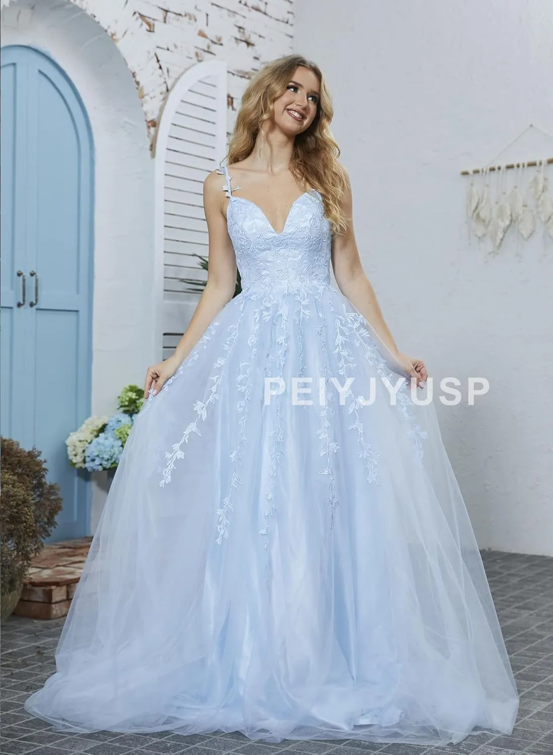 PEIYJYUSP Tulle Lace Appliques V Neck Prom Dresses A Line Wedding Bridesmaid Prom Dress for Teens Ball Gown