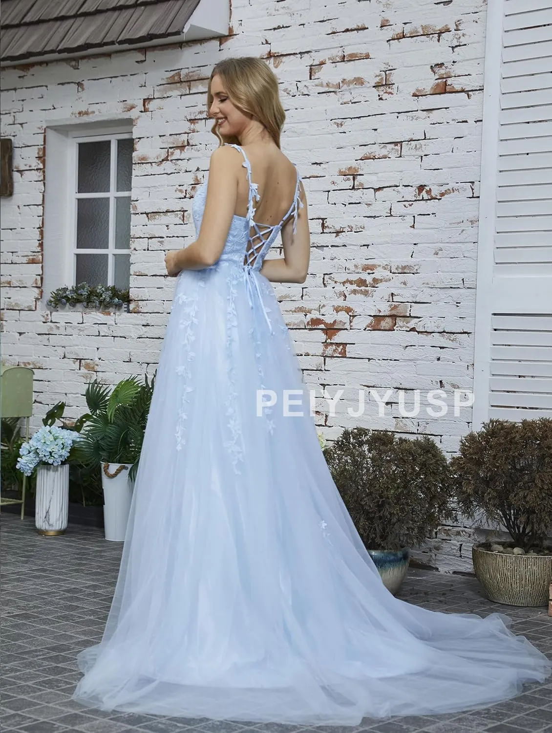 PEIYJYUSP Tulle Lace Appliques V Neck Prom Dresses A Line Wedding Bridesmaid Prom Dress for Teens Ball Gown