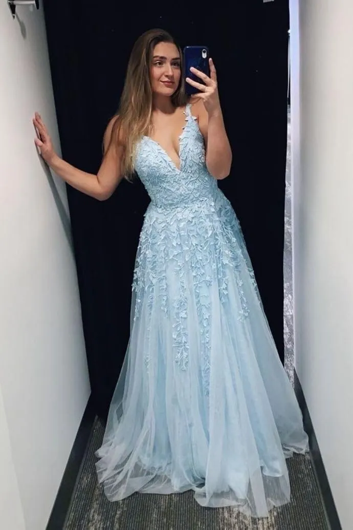 PEIYJYUSP Tulle Lace Appliques V Neck Prom Dresses A Line Wedding Bridesmaid Prom Dress for Teens Ball Gown