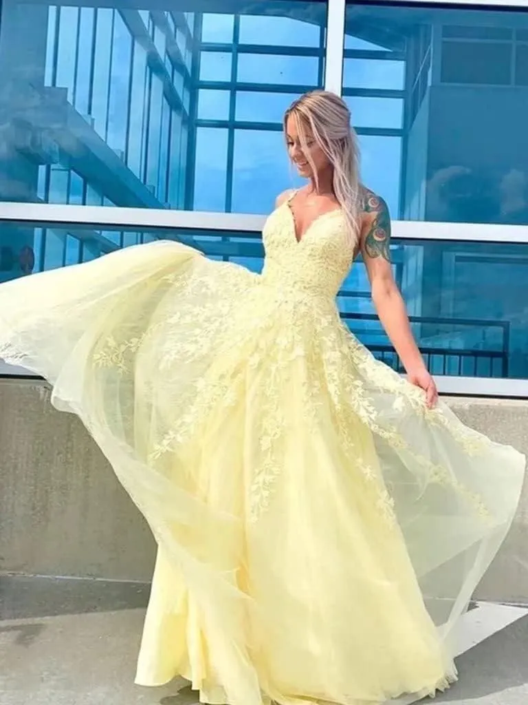 PEIYJYUSP Tulle Lace Appliques V Neck Prom Dresses A Line Wedding Bridesmaid Prom Dress for Teens Ball Gown