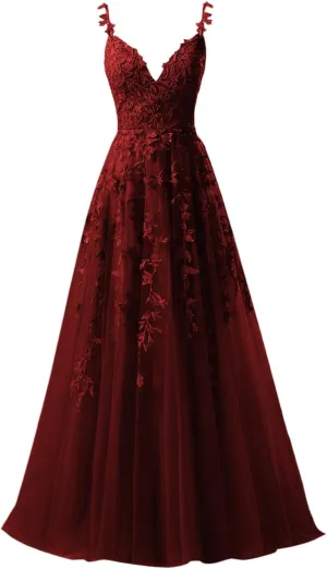 PEIYJYUSP Tulle Lace Appliques V Neck Prom Dresses A Line Wedding Bridesmaid Prom Dress for Teens Ball Gown
