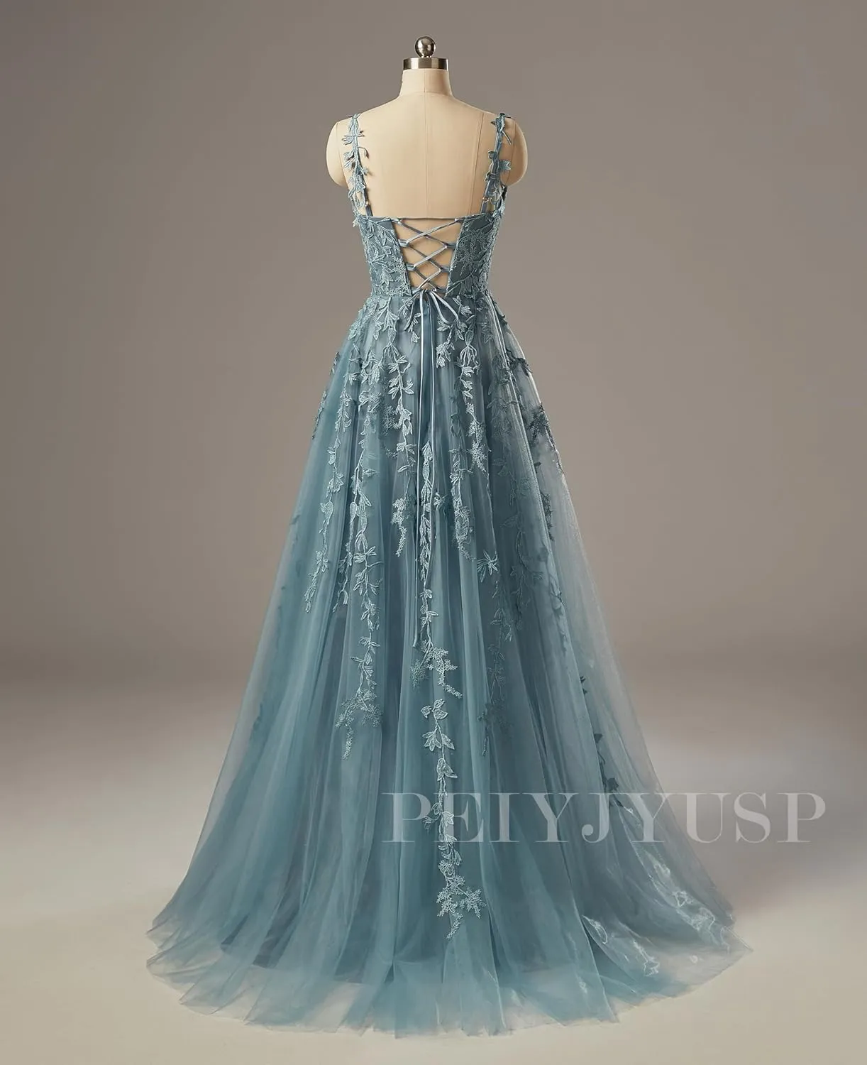 PEIYJYUSP Tulle Lace Appliques V Neck Prom Dresses A Line Wedding Bridesmaid Prom Dress for Teens Ball Gown