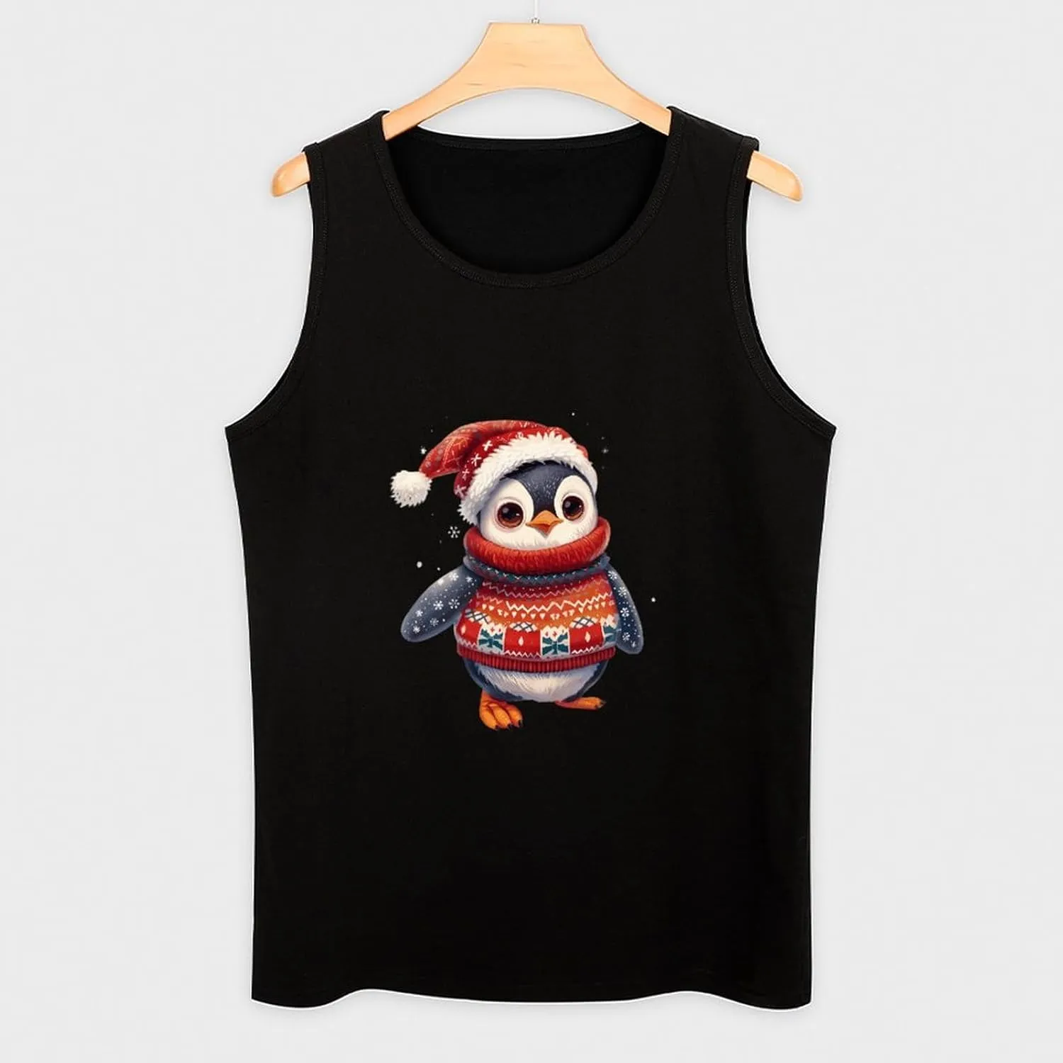 Penguin Wearing Christmas Sweater Mens Tank Top Cotton Undershirt Crewneck Sleeveless Shirt for Summer