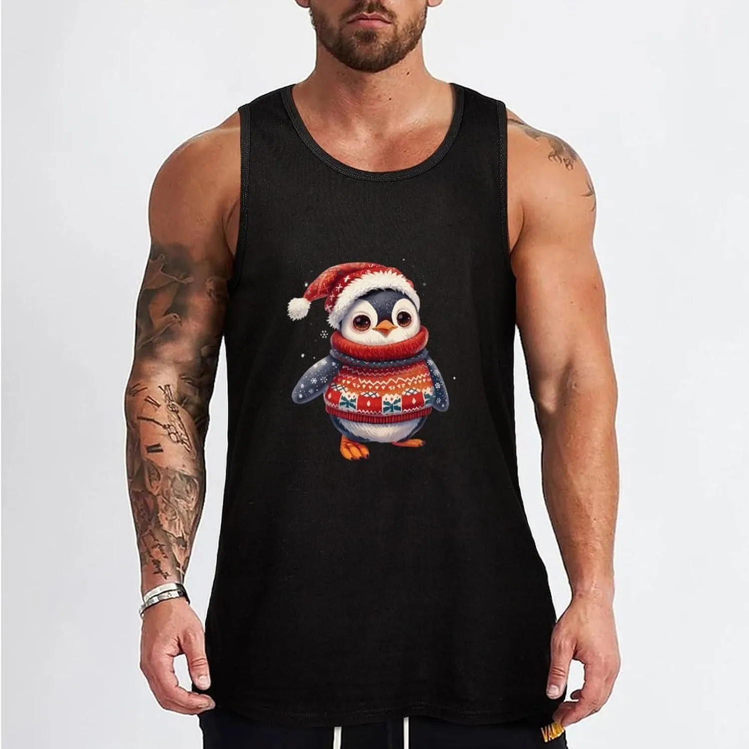 Penguin Wearing Christmas Sweater Mens Tank Top Cotton Undershirt Crewneck Sleeveless Shirt for Summer