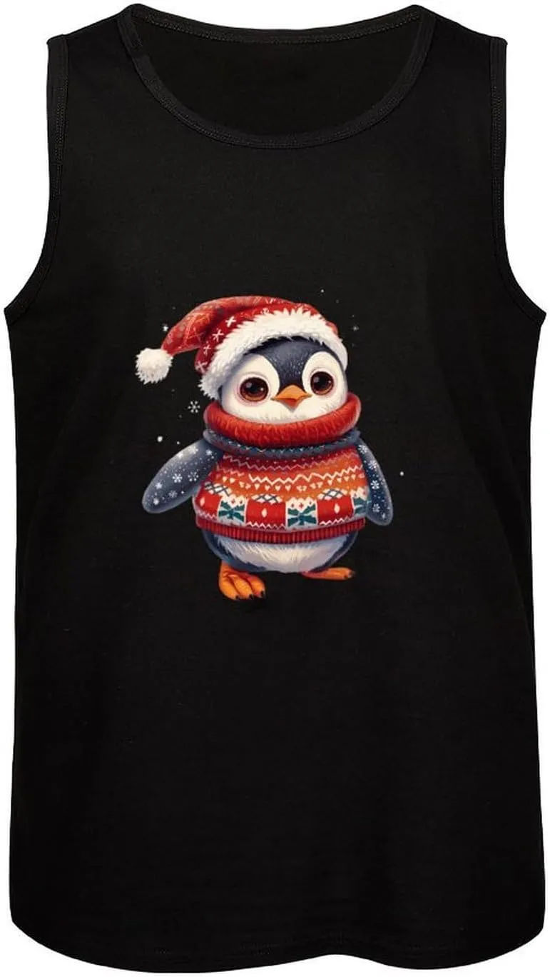 Penguin Wearing Christmas Sweater Mens Tank Top Cotton Undershirt Crewneck Sleeveless Shirt for Summer