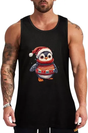 Penguin Wearing Christmas Sweater Mens Tank Top Cotton Undershirt Crewneck Sleeveless Shirt for Summer