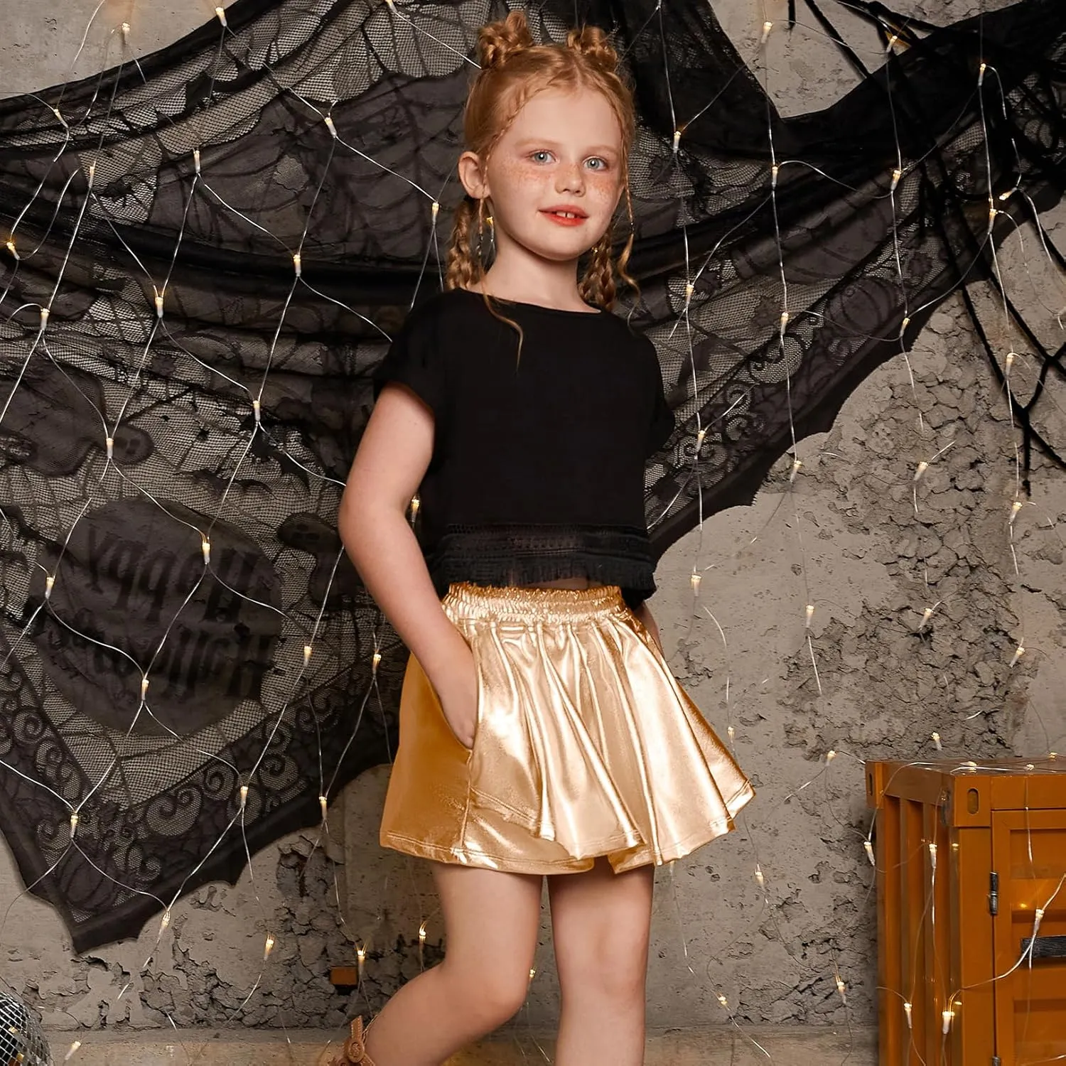 Perfashion Girls' Metallic Skorts Sparkly Shorts Shiny Dance Skirt with Pockets 4-13 Years