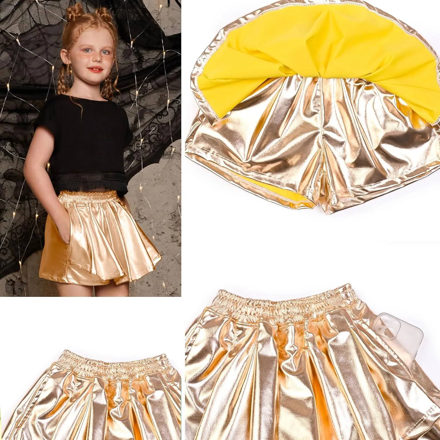 Perfashion Girls' Metallic Skorts Sparkly Shorts Shiny Dance Skirt with Pockets 4-13 Years
