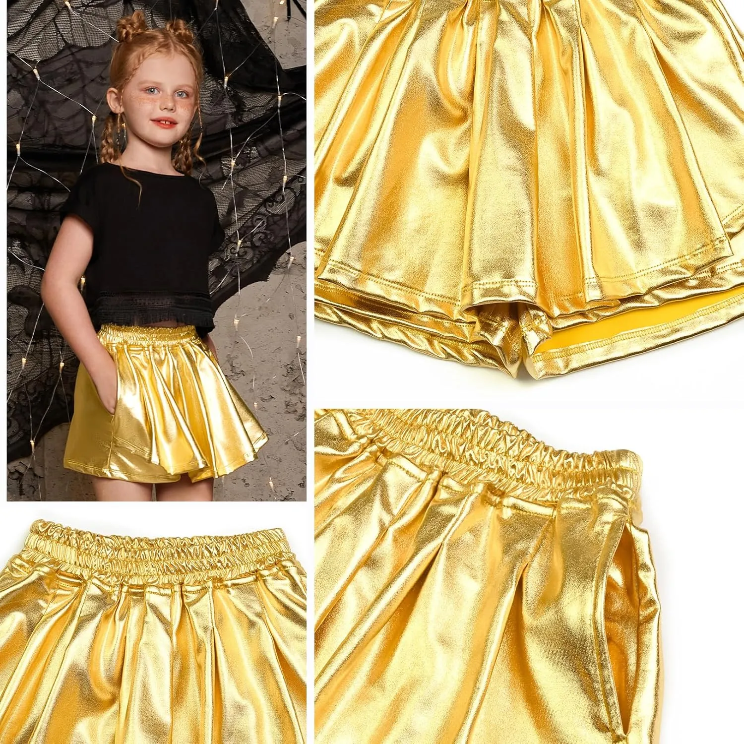 Perfashion Girls' Metallic Skorts Sparkly Shorts Shiny Dance Skirt with Pockets 4-13 Years