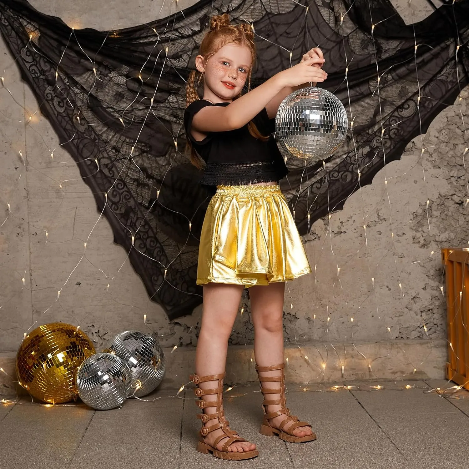 Perfashion Girls' Metallic Skorts Sparkly Shorts Shiny Dance Skirt with Pockets 4-13 Years