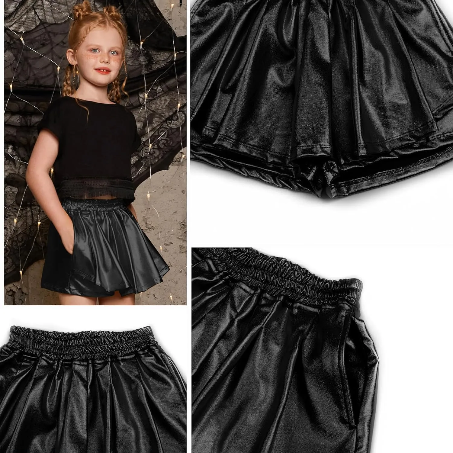 Perfashion Girls' Metallic Skorts Sparkly Shorts Shiny Dance Skirt with Pockets 4-13 Years