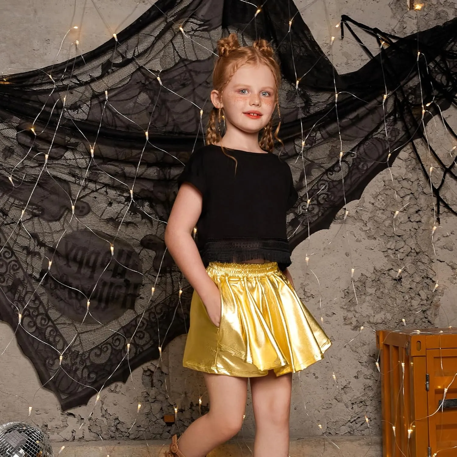 Perfashion Girls' Metallic Skorts Sparkly Shorts Shiny Dance Skirt with Pockets 4-13 Years
