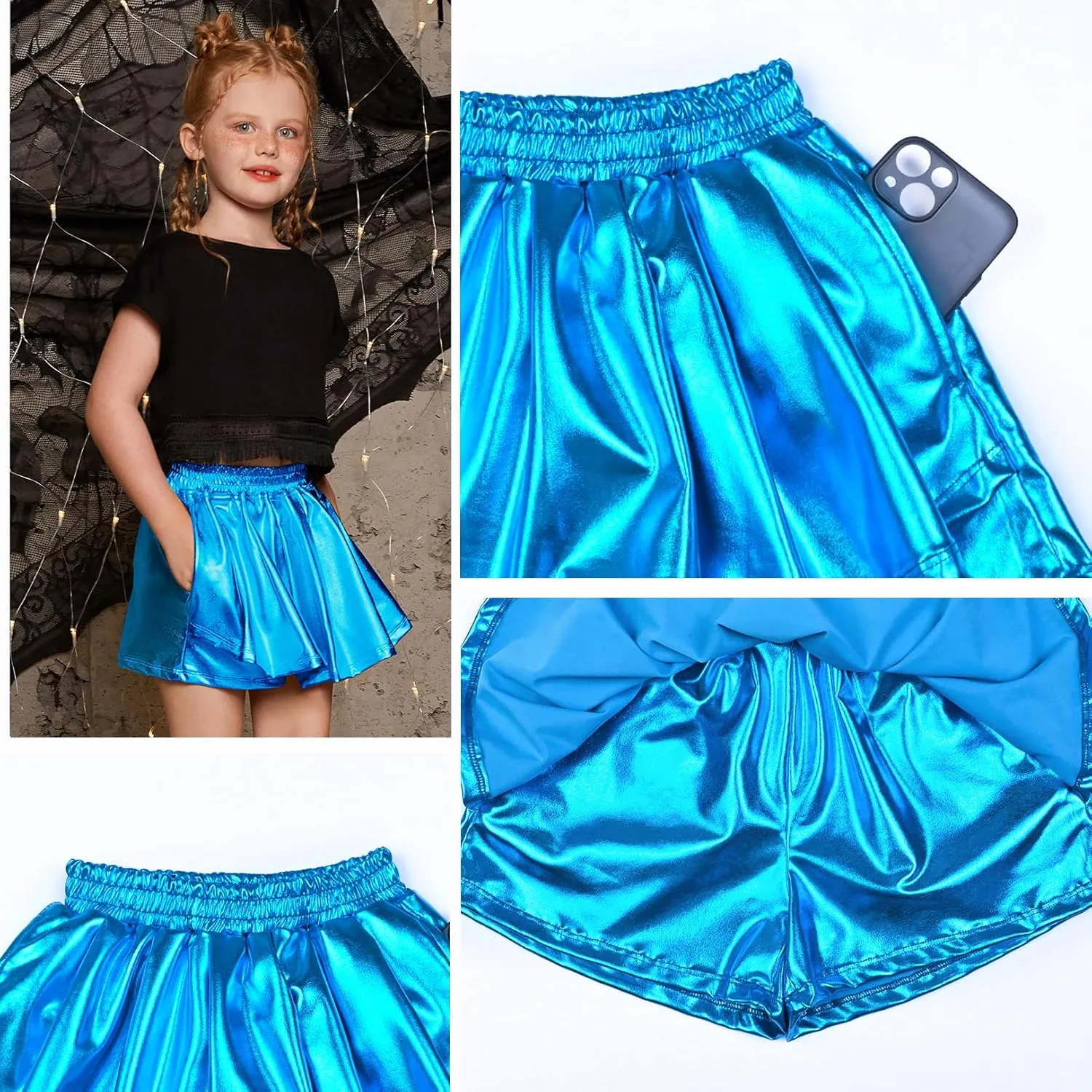 Perfashion Girls' Metallic Skorts Sparkly Shorts Shiny Dance Skirt with Pockets 4-13 Years