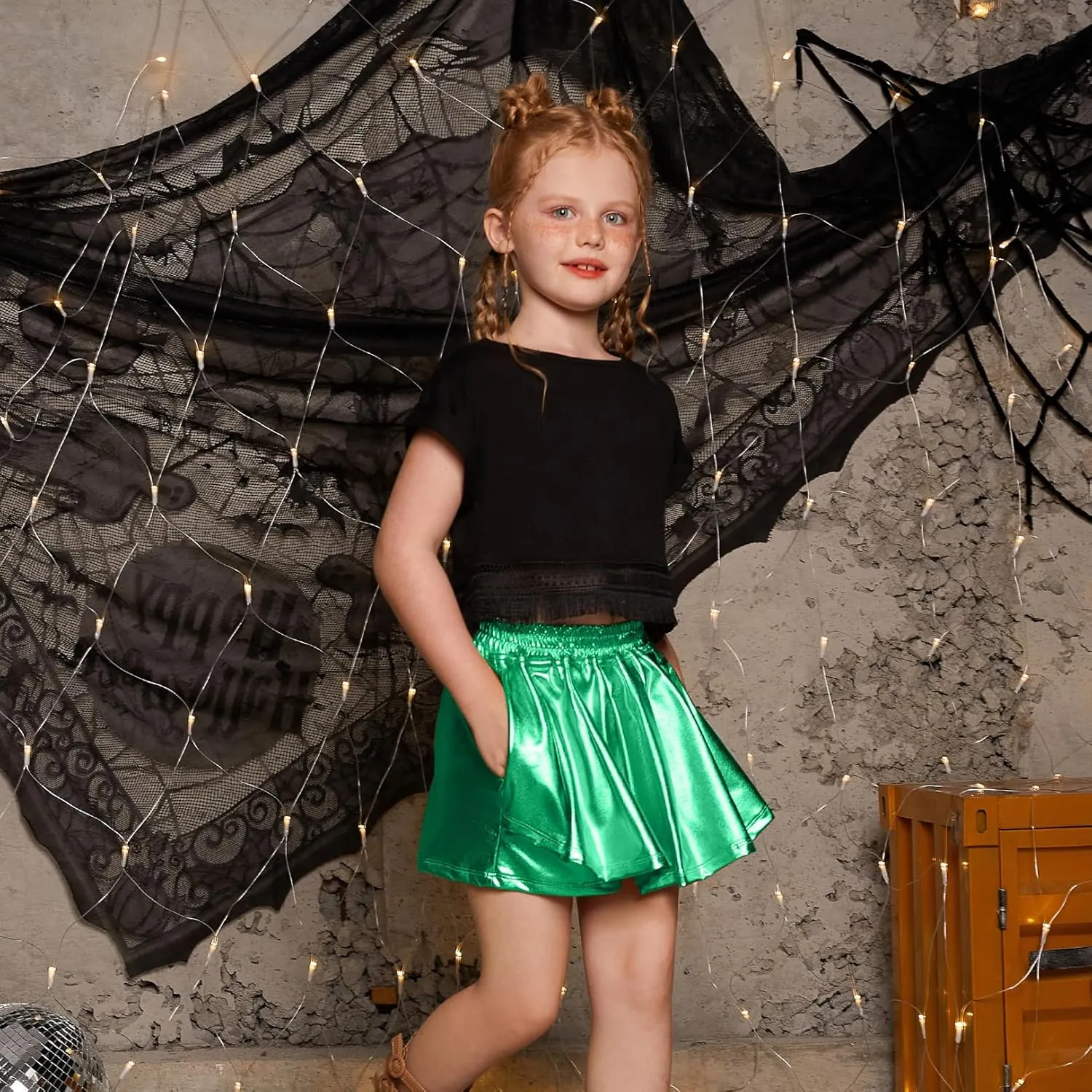 Perfashion Girls' Metallic Skorts Sparkly Shorts Shiny Dance Skirt with Pockets 4-13 Years