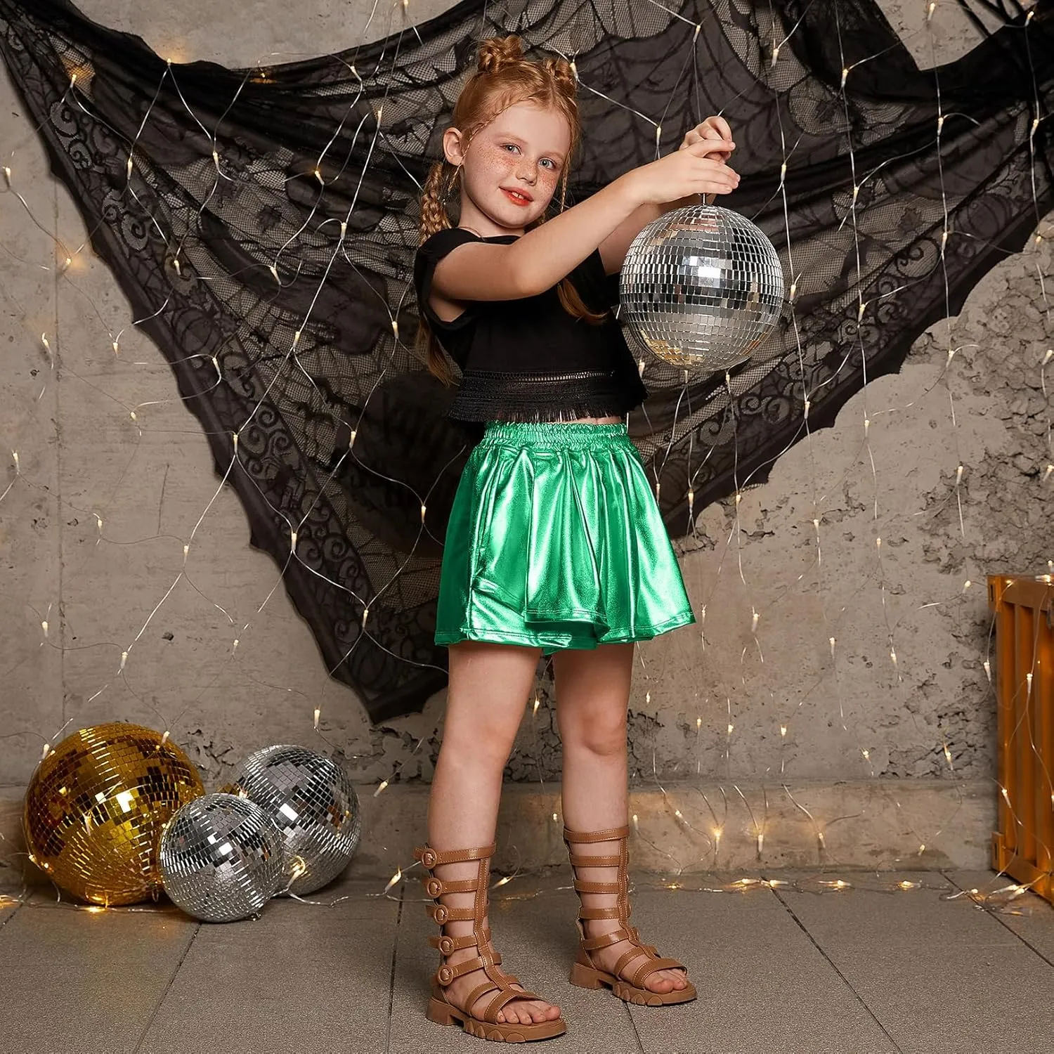 Perfashion Girls' Metallic Skorts Sparkly Shorts Shiny Dance Skirt with Pockets 4-13 Years