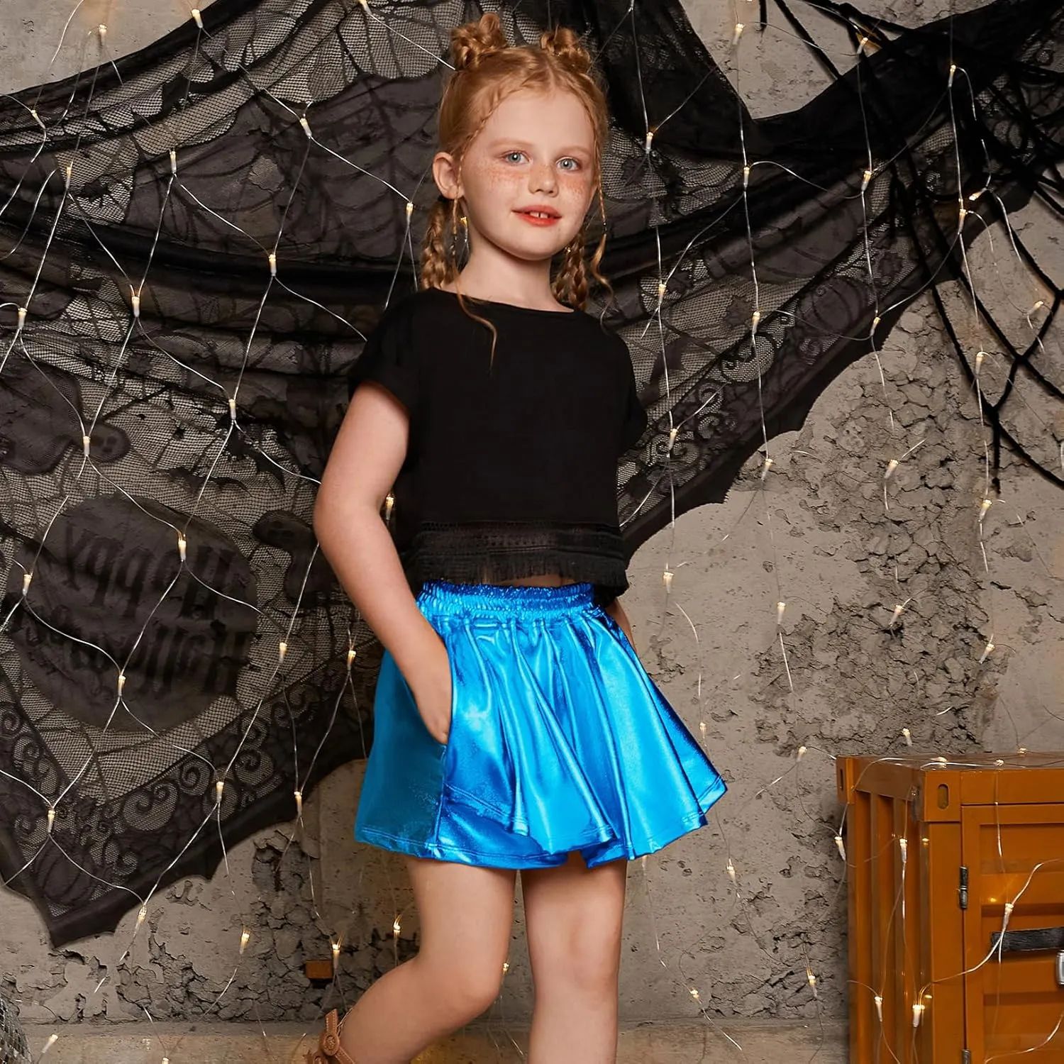 Perfashion Girls' Metallic Skorts Sparkly Shorts Shiny Dance Skirt with Pockets 4-13 Years