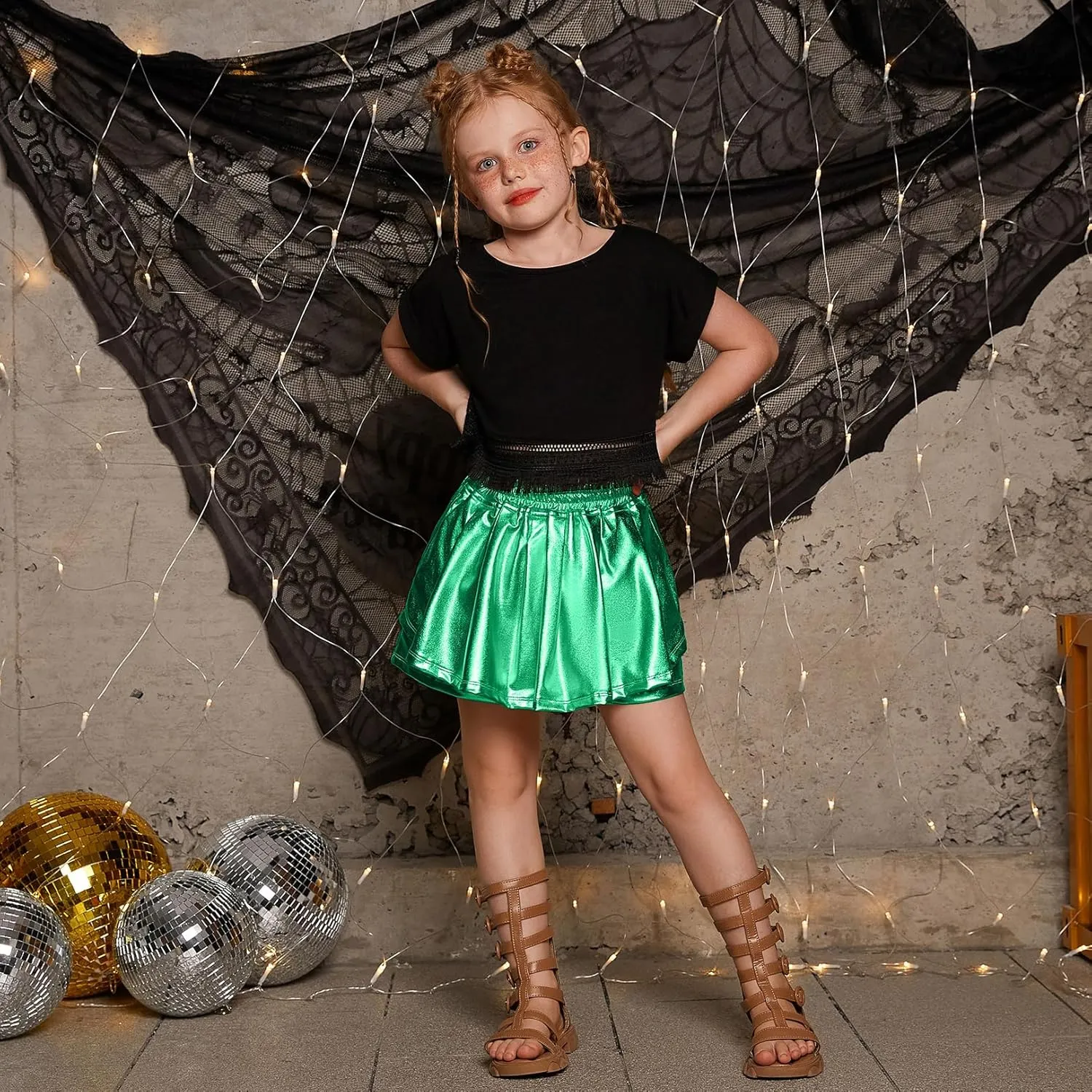 Perfashion Girls' Metallic Skorts Sparkly Shorts Shiny Dance Skirt with Pockets 4-13 Years