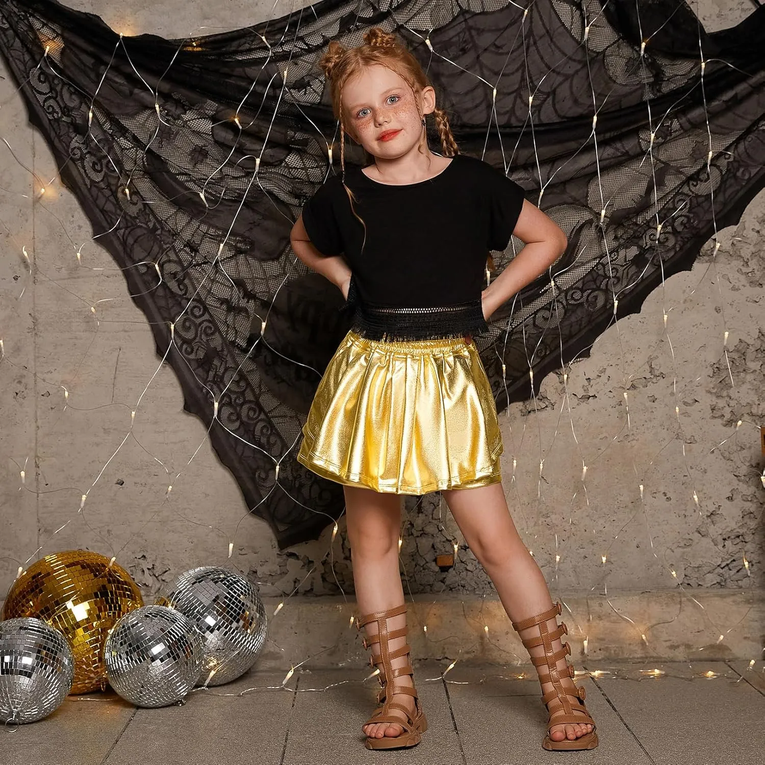 Perfashion Girls' Metallic Skorts Sparkly Shorts Shiny Dance Skirt with Pockets 4-13 Years