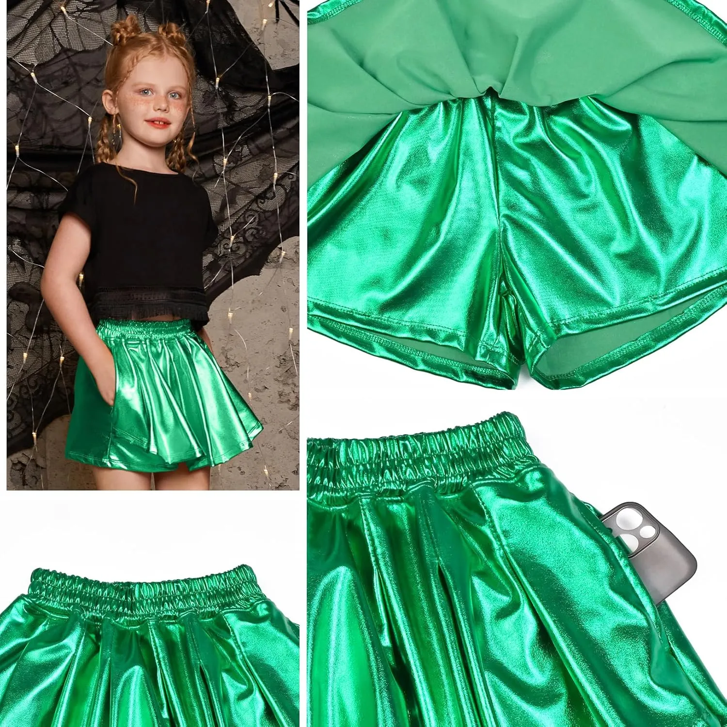 Perfashion Girls' Metallic Skorts Sparkly Shorts Shiny Dance Skirt with Pockets 4-13 Years