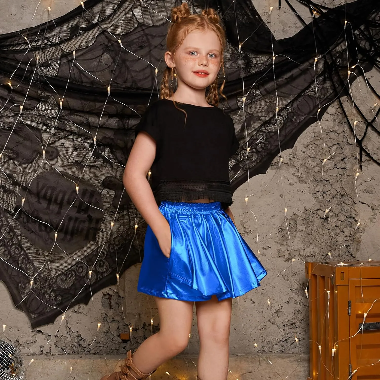 Perfashion Girls' Metallic Skorts Sparkly Shorts Shiny Dance Skirt with Pockets 4-13 Years