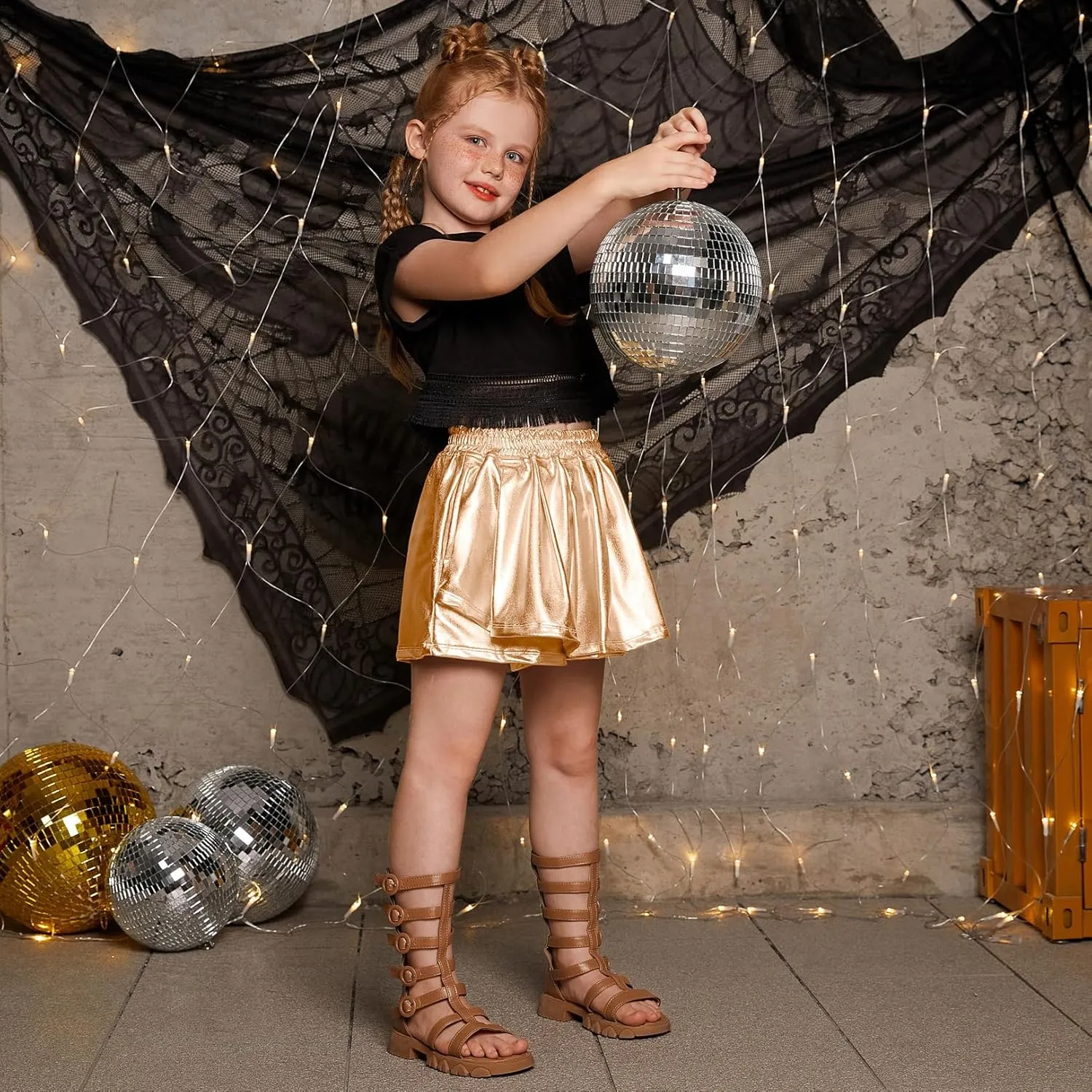 Perfashion Girls' Metallic Skorts Sparkly Shorts Shiny Dance Skirt with Pockets 4-13 Years