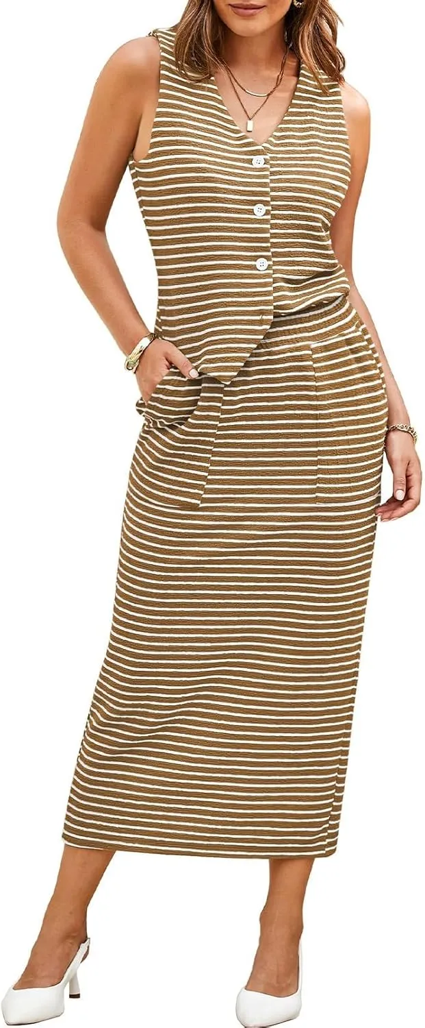 Pink Queen Women's 2 Piece Outfits Sleeveless V Neck Button Down Tank Tops Slit Midi Dress 2025 Striped Summer Skirt Sets