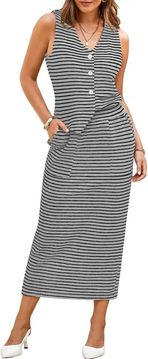 Pink Queen Women's 2 Piece Outfits Sleeveless V Neck Button Down Tank Tops Slit Midi Dress 2025 Striped Summer Skirt Sets