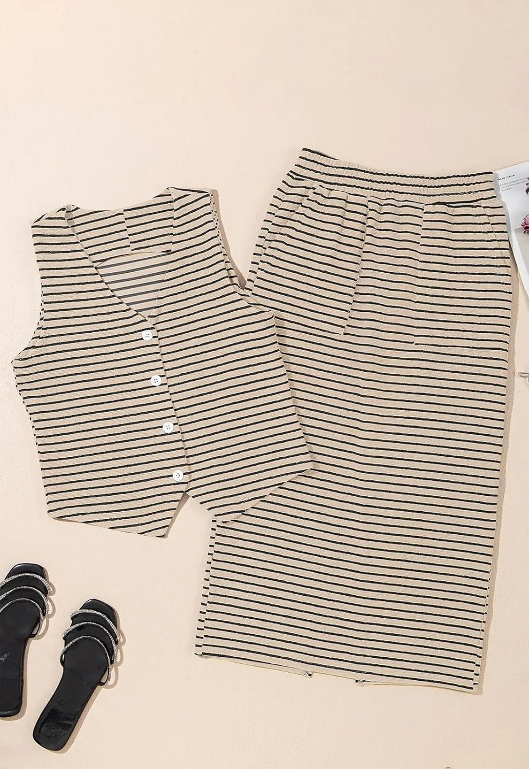 Pink Queen Women's 2 Piece Outfits Sleeveless V Neck Button Down Tank Tops Slit Midi Dress 2025 Striped Summer Skirt Sets
