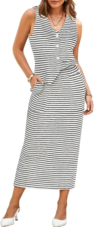 Pink Queen Women's 2 Piece Outfits Sleeveless V Neck Button Down Tank Tops Slit Midi Dress 2025 Striped Summer Skirt Sets