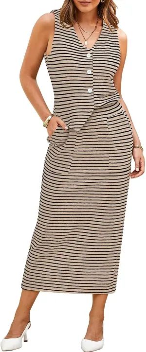 Pink Queen Women's 2 Piece Outfits Sleeveless V Neck Button Down Tank Tops Slit Midi Dress 2025 Striped Summer Skirt Sets