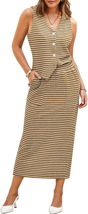 Pink Queen Women's 2 Piece Outfits Sleeveless V Neck Button Down Tank Tops Slit Midi Dress 2025 Striped Summer Skirt Sets