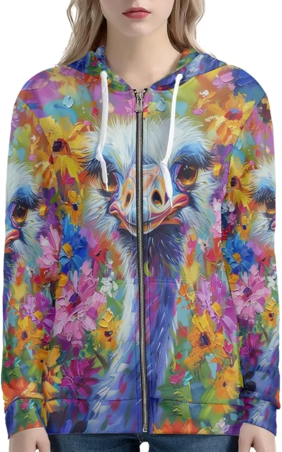 PinUp Angel Women Zip Up Hoodie Art Animal Oil Painting Graphic Oversized Hooded Sweatshirt Jacket Coats Streetwear