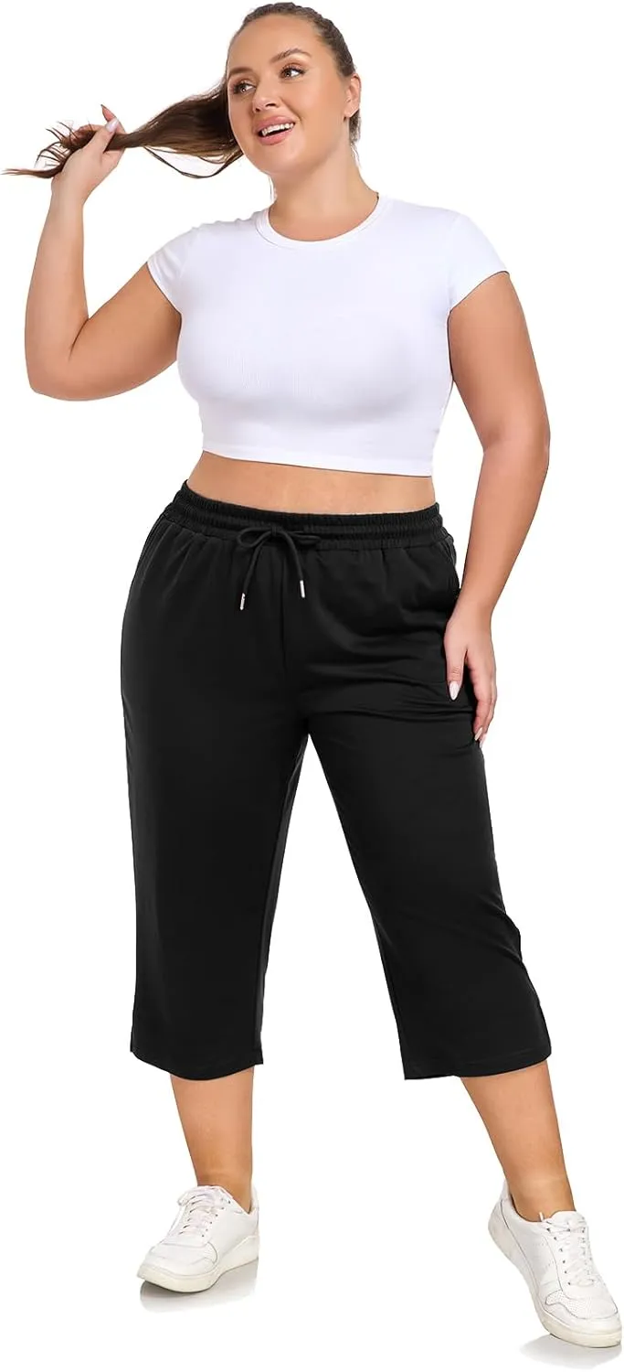 Plus Size Capri Pants for Women Loose Fit Yoga Pants with Pockets Workout Activewear Sweatpants