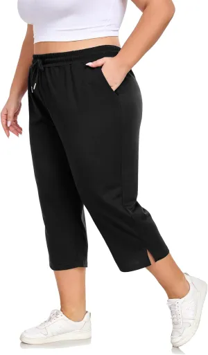 Plus Size Capri Pants for Women Loose Fit Yoga Pants with Pockets Workout Activewear Sweatpants