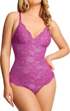 Popilush Shapewear Bodysuit V Neck Tummy Control Backless Lace Tank Tops Sleeveless Thong Bodysuit