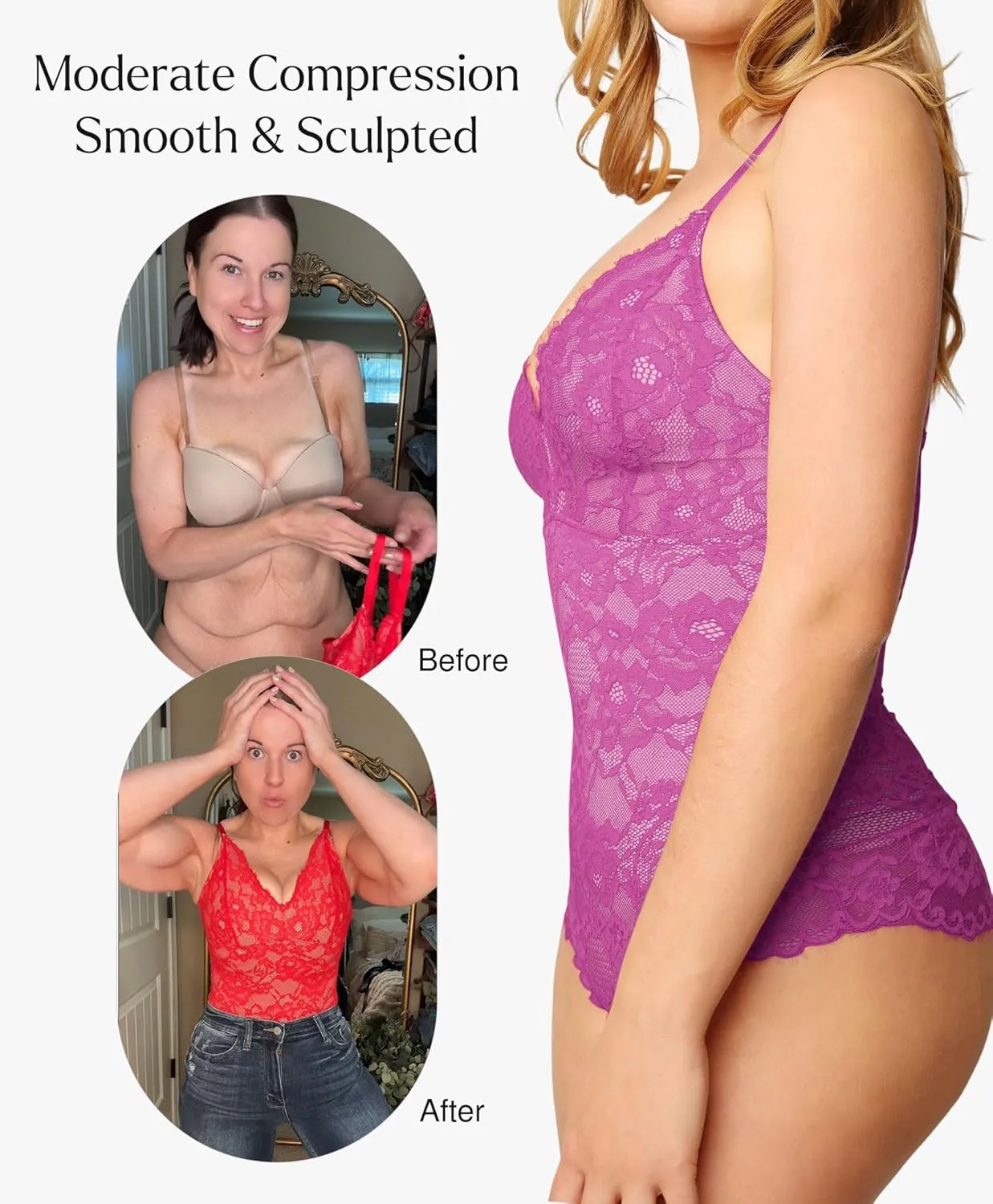 Popilush Shapewear Bodysuit V Neck Tummy Control Backless Lace Tank Tops Sleeveless Thong Bodysuit