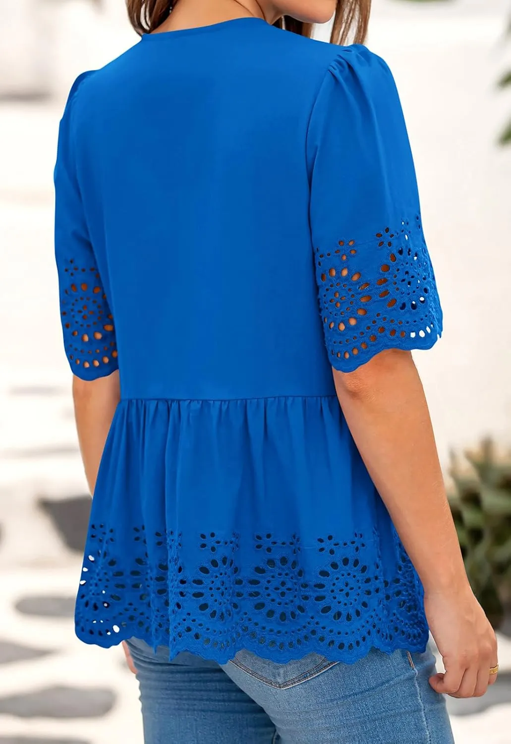 PRETTYGARDEN Tie Front Peplum Tops for Women Summer Y2K Short Sleeve Babydoll Cute Going Out Top Eyelet Blouse Shirt