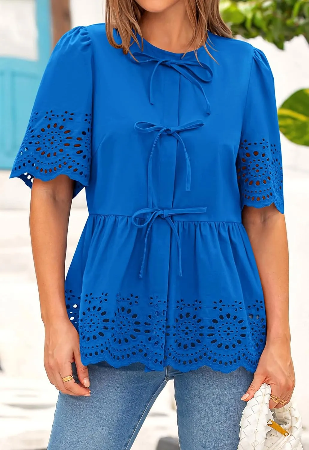 PRETTYGARDEN Tie Front Peplum Tops for Women Summer Y2K Short Sleeve Babydoll Cute Going Out Top Eyelet Blouse Shirt