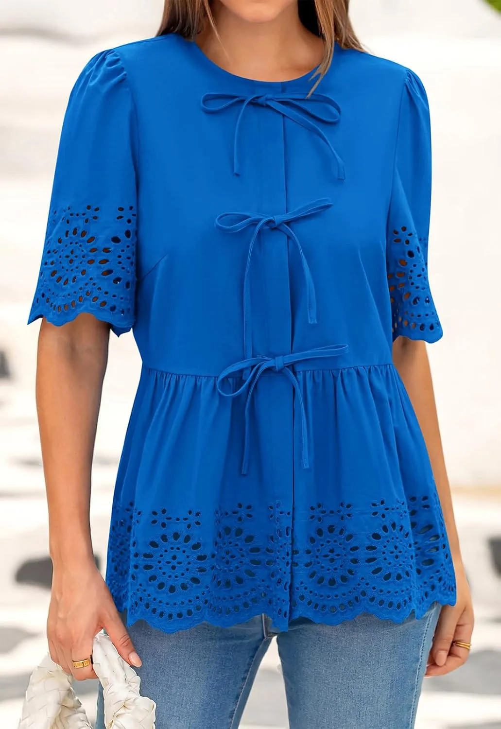 PRETTYGARDEN Tie Front Peplum Tops for Women Summer Y2K Short Sleeve Babydoll Cute Going Out Top Eyelet Blouse Shirt