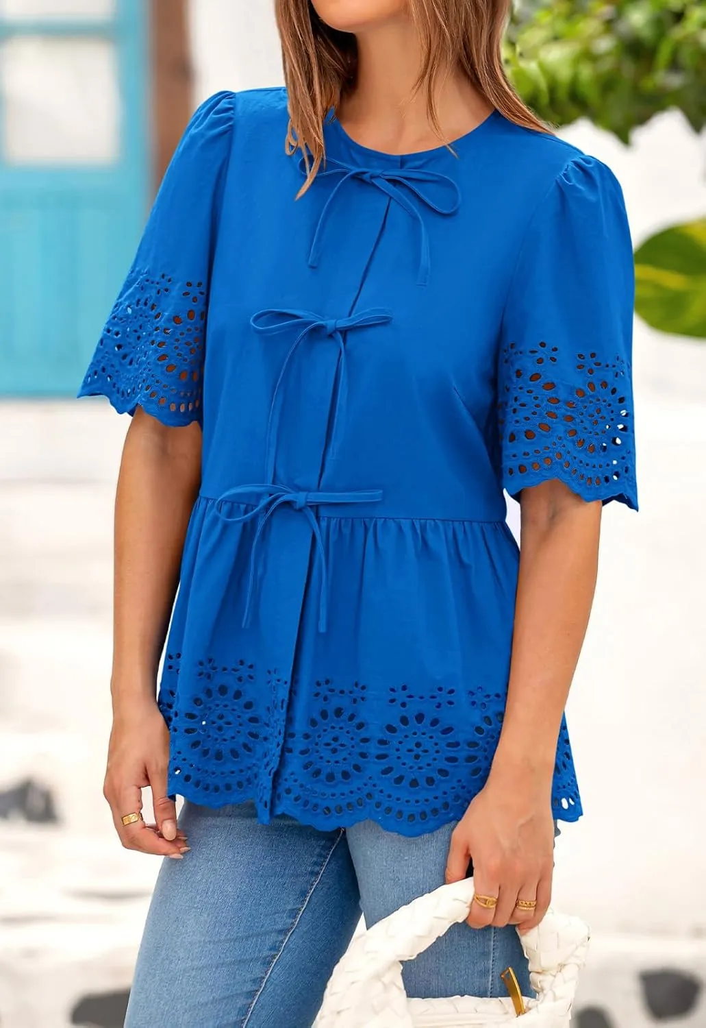 PRETTYGARDEN Tie Front Peplum Tops for Women Summer Y2K Short Sleeve Babydoll Cute Going Out Top Eyelet Blouse Shirt