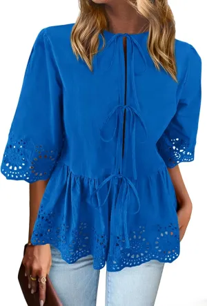 PRETTYGARDEN Tie Front Peplum Tops for Women Summer Y2K Short Sleeve Babydoll Cute Going Out Top Eyelet Blouse Shirt