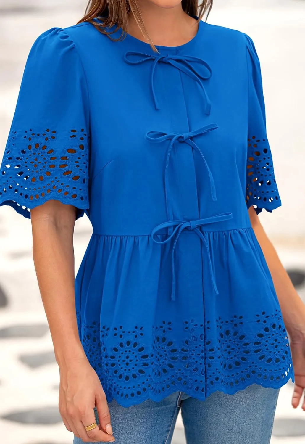 PRETTYGARDEN Tie Front Peplum Tops for Women Summer Y2K Short Sleeve Babydoll Cute Going Out Top Eyelet Blouse Shirt