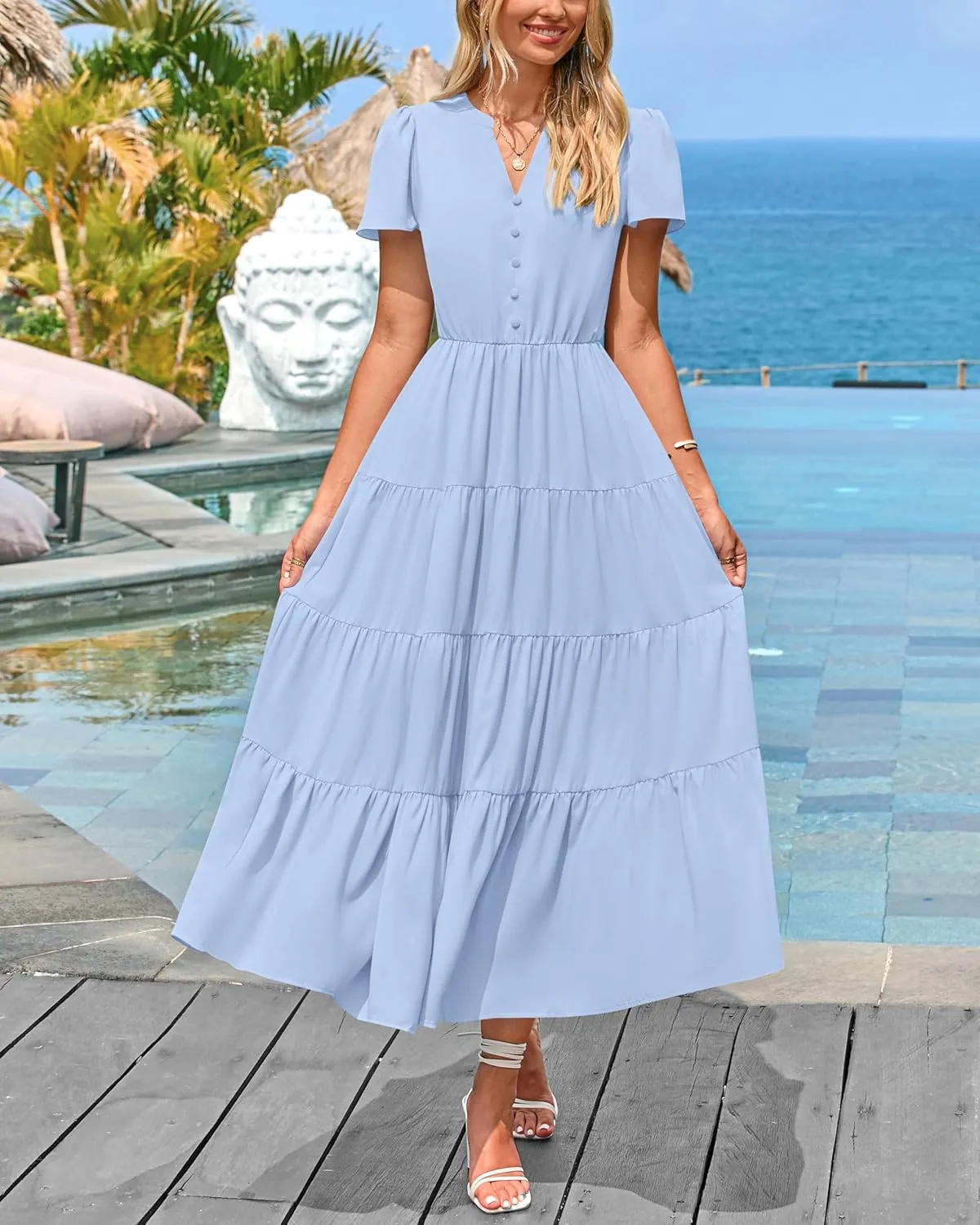 PRETTYGARDEN Women Summer Midi Dresses 2025 Casual Short Sleeve V Neck Belted Tiered Ruffle Vacation Dress with Pockets