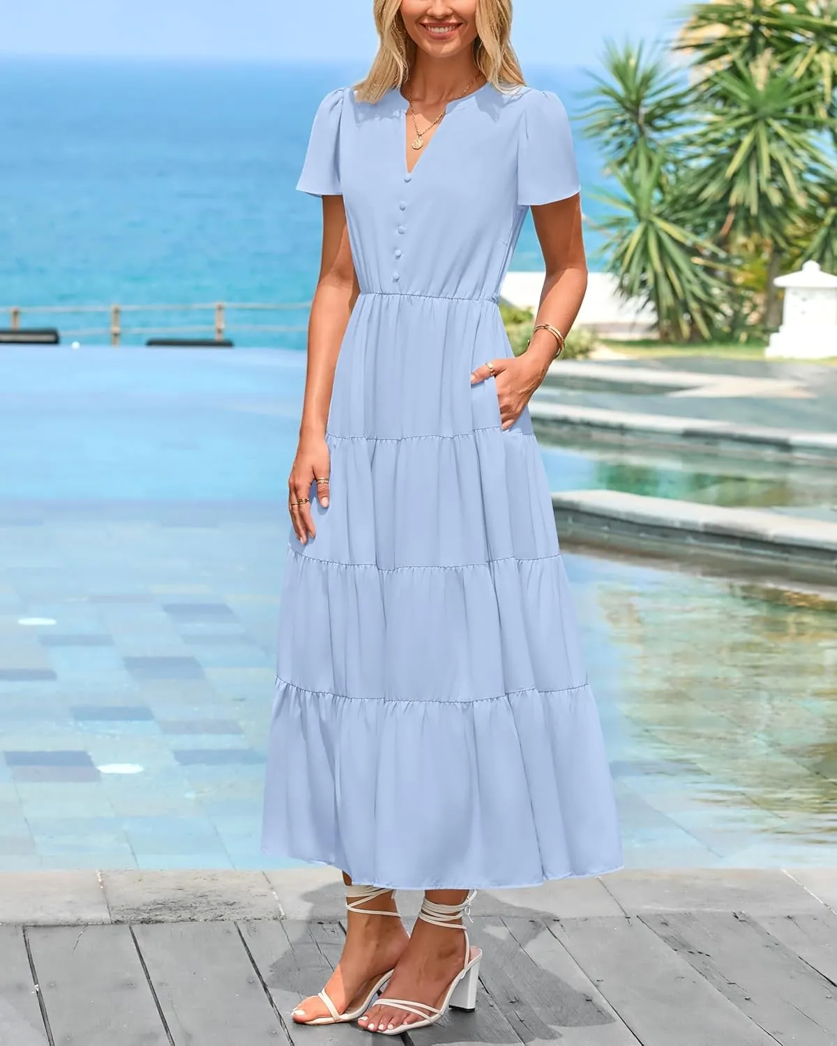 PRETTYGARDEN Women Summer Midi Dresses 2025 Casual Short Sleeve V Neck Belted Tiered Ruffle Vacation Dress with Pockets