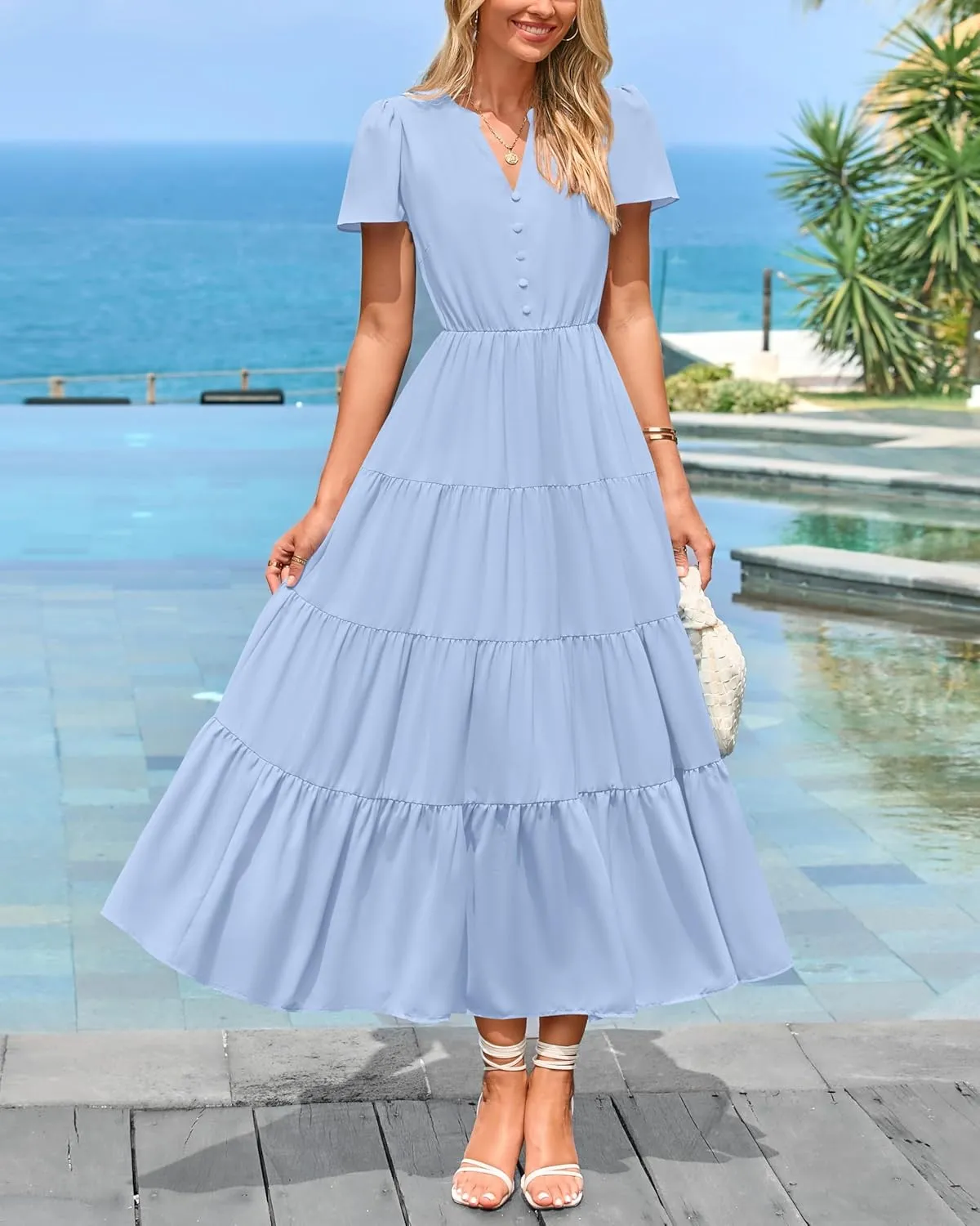 PRETTYGARDEN Women Summer Midi Dresses 2025 Casual Short Sleeve V Neck Belted Tiered Ruffle Vacation Dress with Pockets