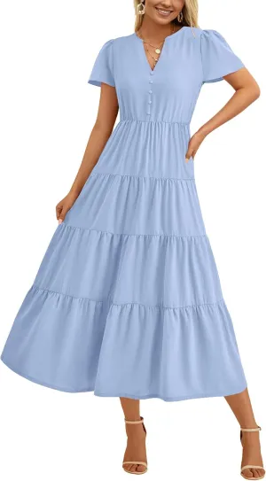 PRETTYGARDEN Women Summer Midi Dresses 2025 Casual Short Sleeve V Neck Belted Tiered Ruffle Vacation Dress with Pockets